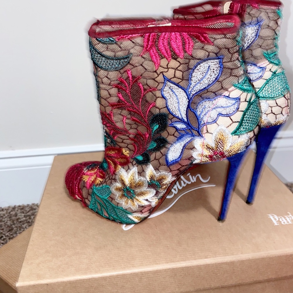 Christian Louboutin 100 inch heel 6.5 Adorable Multicolor/ Lace Ankle Boots